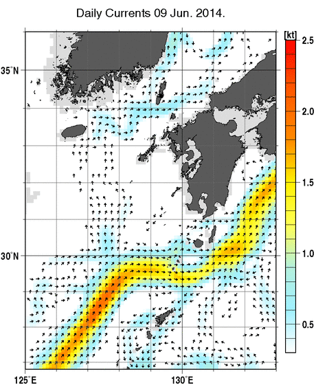 九州・山口県周辺海域の深さ50mの海流分布図（6月9日）
