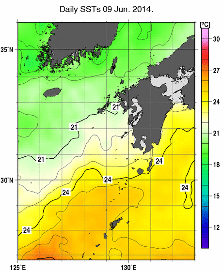 九州・山口県周辺海域の海面水温分布図（6月9日）