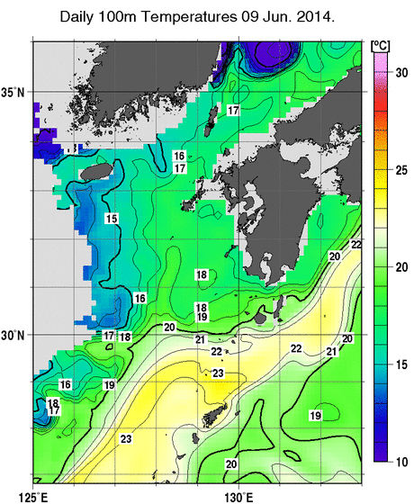 九州・山口県周辺海域の深さ100mの水温分布図（6月9日）