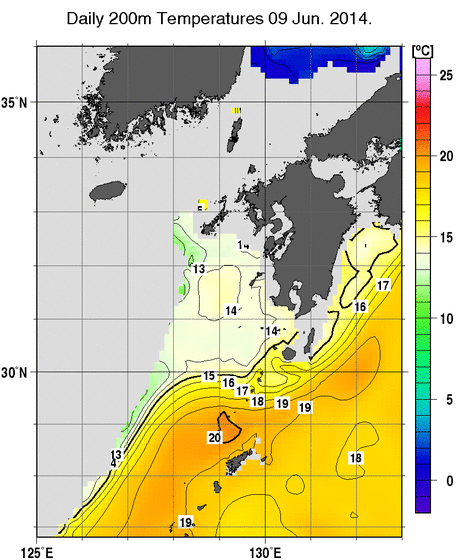 九州・山口県周辺海域の深さ200mの水温分布図（6月9日）