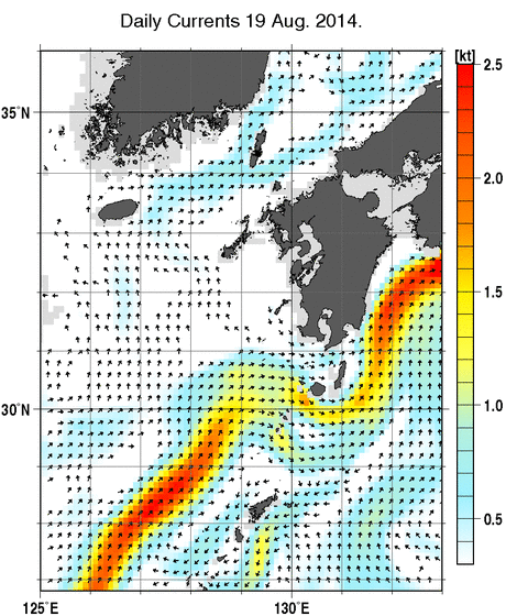 九州・山口県周辺海域の深さ50mの海流分布図（8月19日）
