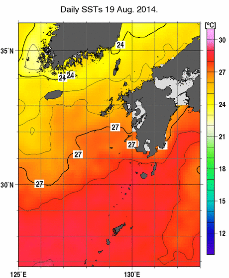 九州・山口県周辺海域の海面水温分布図（8月19日）