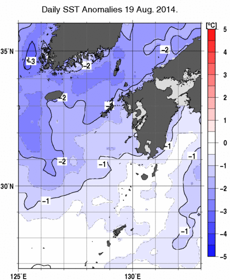 九州・山口県周辺海域の海面水温平年差分布図（8月19日）