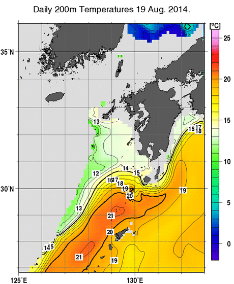 九州・山口県周辺海域の深さ200mの水温分布図（8月19日）