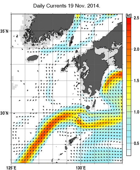 九州・山口県周辺海域の深さ50mの海流分布図（11月19日）