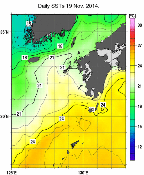九州・山口県周辺海域の海面水温分布図（11月19日）
