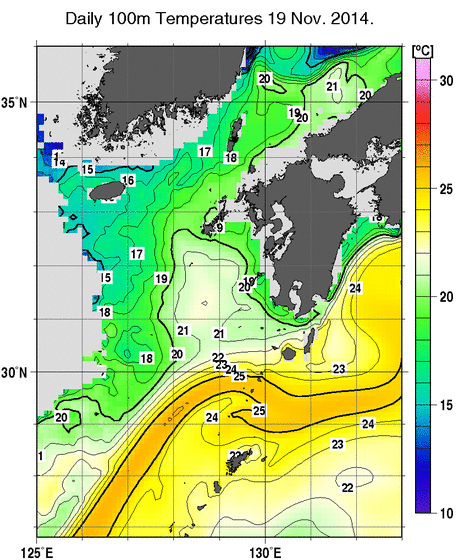 九州・山口県周辺海域の深さ100mの水温分布図（11月19日）