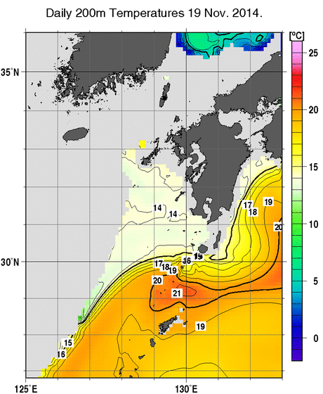九州・山口県周辺海域の深さ200mの水温分布図（11月19日）