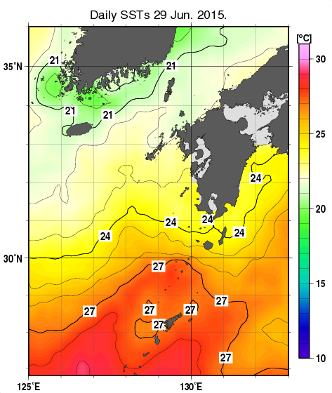 九州・山口県周辺海域の海面水温分布図（6月29日）