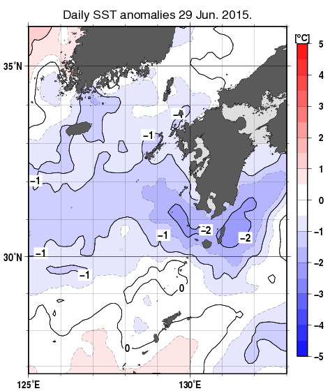 九州・山口県周辺海域の海面水温平年差分布図（6月29日）