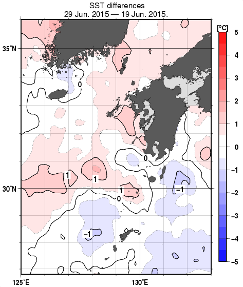 九州・山口県周辺海域の10日間の海面水温変化量分布図（6月29日）