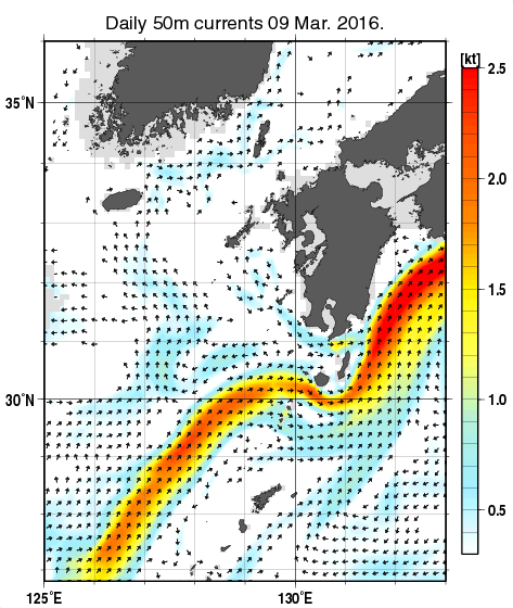 九州・山口県周辺海域の深さ50mの海流分布図（3月9日）