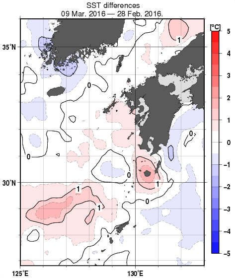 九州・山口県周辺海域の10日間の海面水温変化量分布図（3月9日）