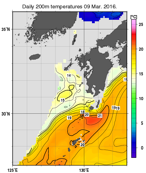 九州・山口県周辺海域の深さ200mの水温分布図（3月9日）