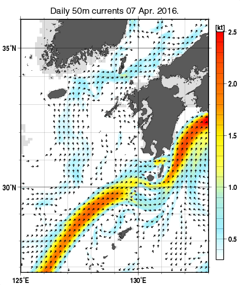 九州・山口県周辺海域の深さ50mの海流分布図（4月7日）