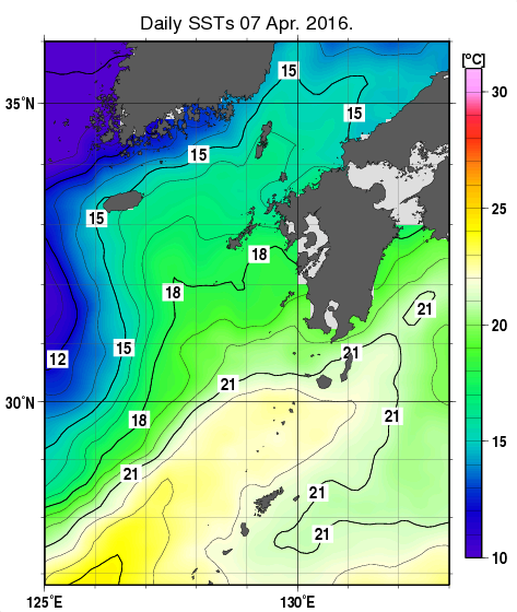 九州・山口県周辺海域の海面水温分布図（4月7日）