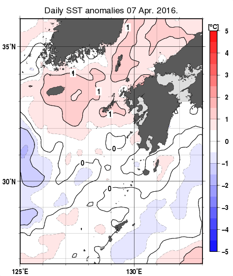九州・山口県周辺海域の海面水温平年差分布図（4月7日）
