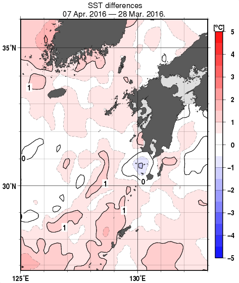 九州・山口県周辺海域の10日間の海面水温変化量分布図（4月7日）