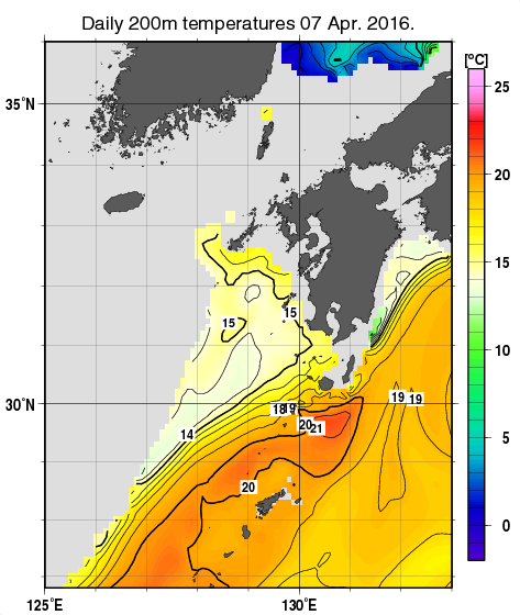 九州・山口県周辺海域の深さ200mの水温分布図（4月7日）