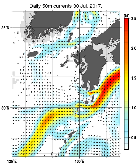 九州・山口県周辺海域の深さ50mの海流分布図（7月30日）