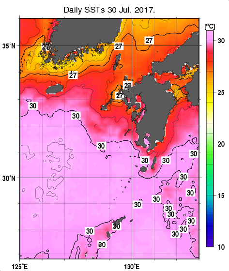 九州・山口県周辺海域の海面水温分布図（7月30日）