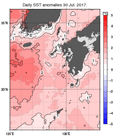 九州・山口県周辺海域の海面水温平年差分布図（7月30日）
