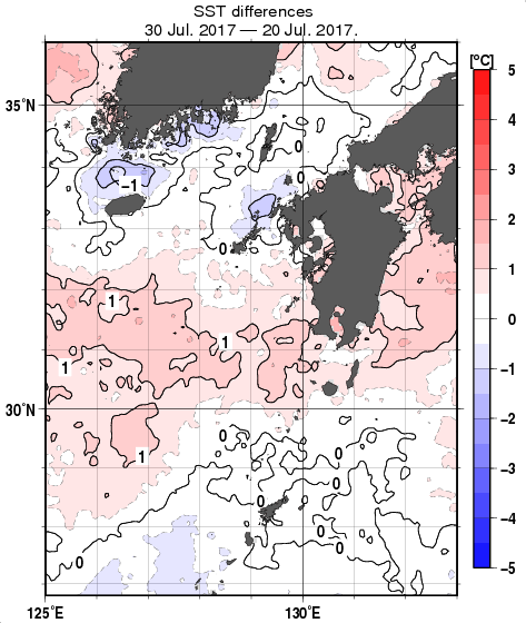 九州・山口県周辺海域の10日間の海面水温変化量分布図（7月30日）