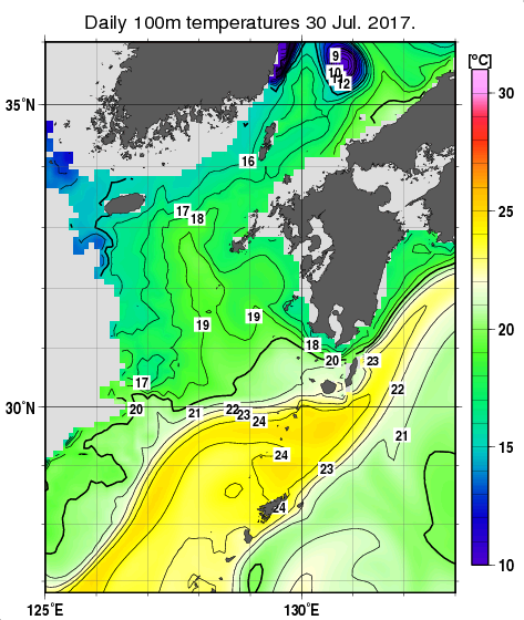 九州・山口県周辺海域の深さ100mの水温分布図（7月30日）