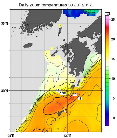 九州・山口県周辺海域の深さ200mの水温分布図（7月30日）