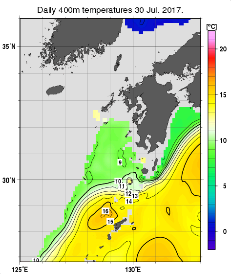 九州・山口県周辺海域の深さ400mの水温分布図（7月30日）