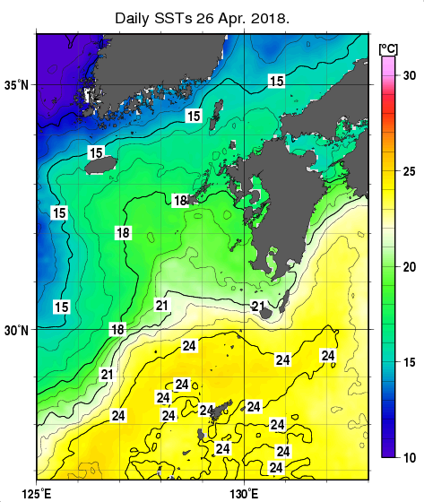 九州・山口県周辺海域の海面水温分布図（4月26日）