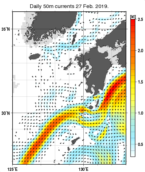 九州・山口県周辺海域の深さ50mの海流分布図（2月27日）