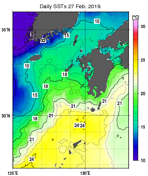 九州・山口県周辺海域の海面水温分布図（2月27日）