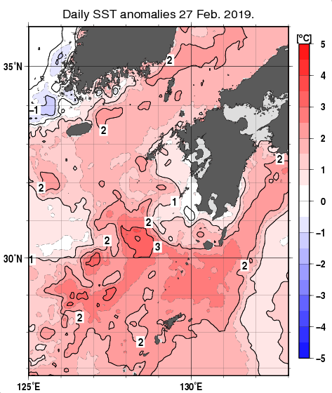九州・山口県周辺海域の海面水温平年差分布図（2月27日）