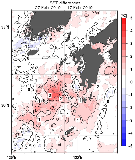 九州・山口県周辺海域の10日間の海面水温変化量分布図（2月27日）