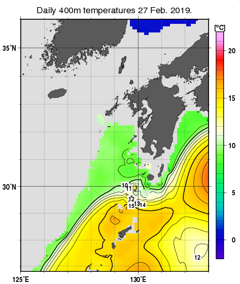 九州・山口県周辺海域の深さ400mの水温分布図（2月27日）