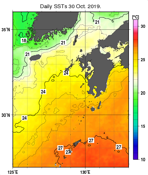 九州・山口県周辺海域の海面水温分布図（10月30日）