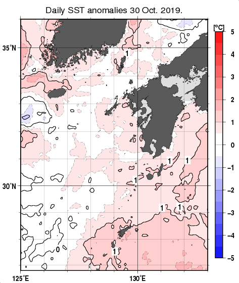 九州・山口県周辺海域の海面水温平年差分布図（10月30日）