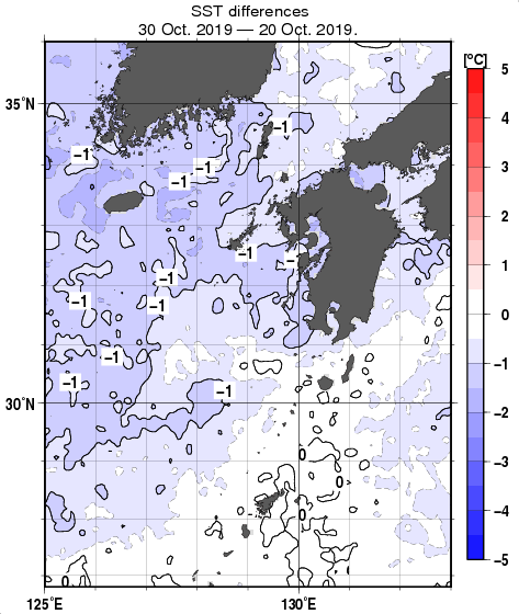 九州・山口県周辺海域の10日間の海面水温変化量分布図（10月30日）