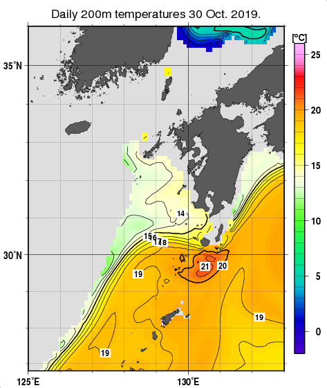 九州・山口県周辺海域の深さ200mの水温分布図（10月30日）