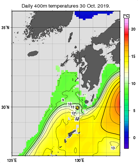 九州・山口県周辺海域の深さ400mの水温分布図（10月30日）