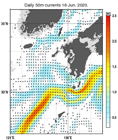 九州・山口県周辺海域の深さ50mの海流分布図（6月18日）