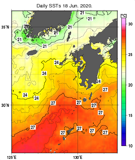 九州・山口県周辺海域の海面水温分布図（6月18日）