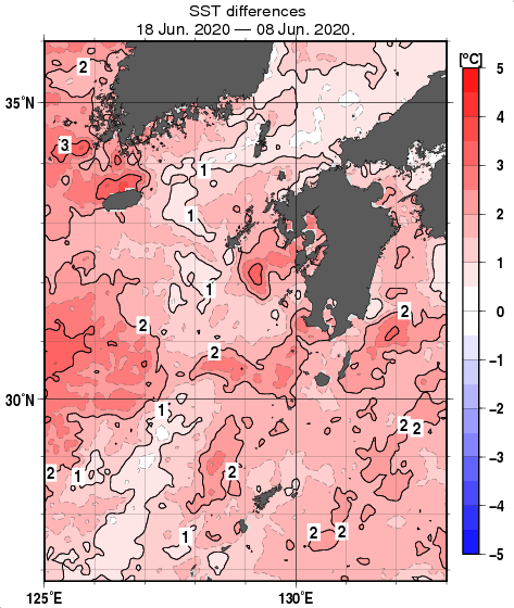 九州・山口県周辺海域の10日間の海面水温変化量分布図（6月18日）
