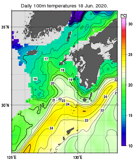 九州・山口県周辺海域の深さ100mの水温分布図（6月18日）