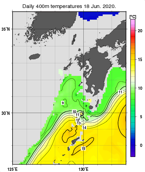 九州・山口県周辺海域の深さ400mの水温分布図（6月18日）