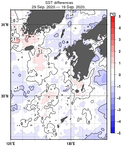 九州・山口県周辺海域の10日間の海面水温変化量分布図（9月29日）