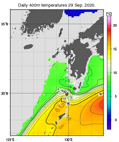 九州・山口県周辺海域の深さ400mの水温分布図（9月29日）