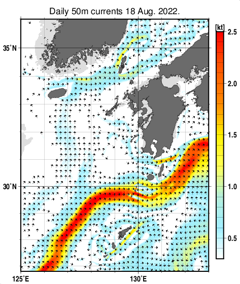 九州・山口県周辺海域の深さ50mの海流分布図(8月18日)