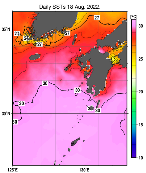 九州・山口県周辺海域の海面水温分布図（8月18日）